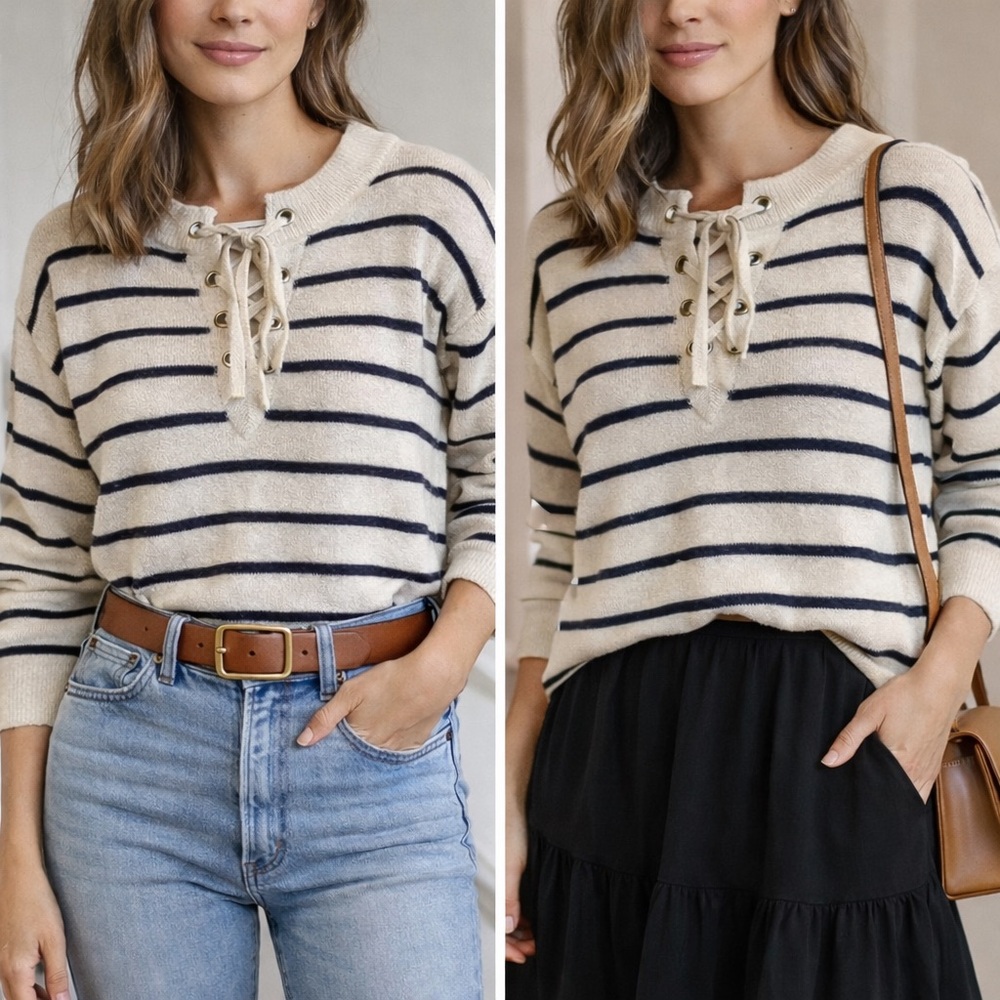 Sadie & Sage Cream and Black Crew Neck Sweater